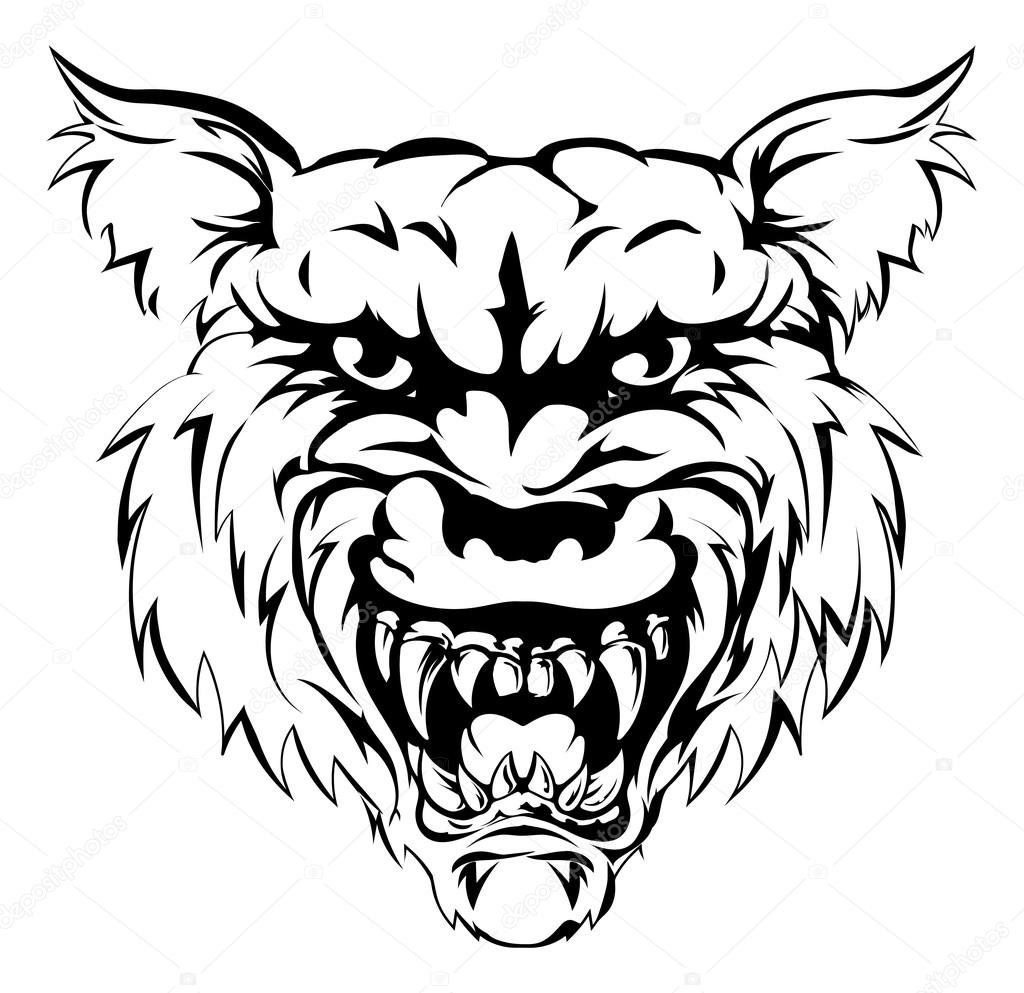 A black and white illustration of a fierce wolf animal character or sports mascot