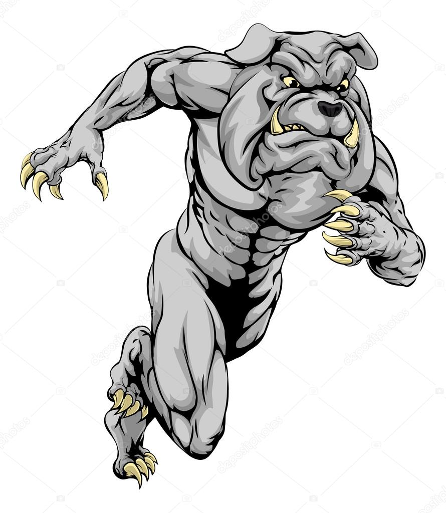 A bulldog man character or sports mascot charging, sprinting or running