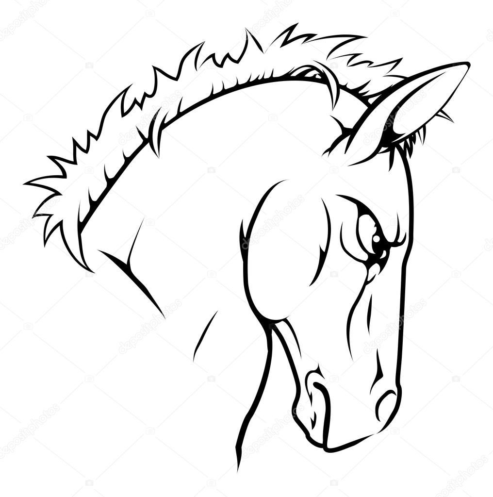 A black and white illustration of a fierce horse animal character or sports mascot