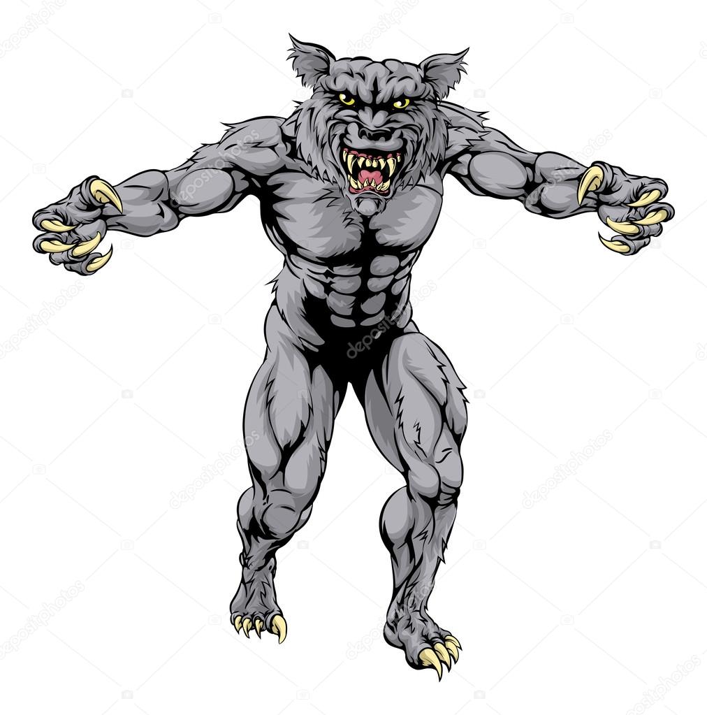An illustration of a Werewolf wolf scary sports mascot with claws out