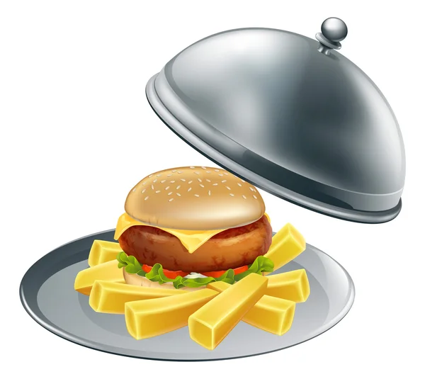 Hambúrguer e batatas fritas em uma bandeja de prata —  Vetores de Stock