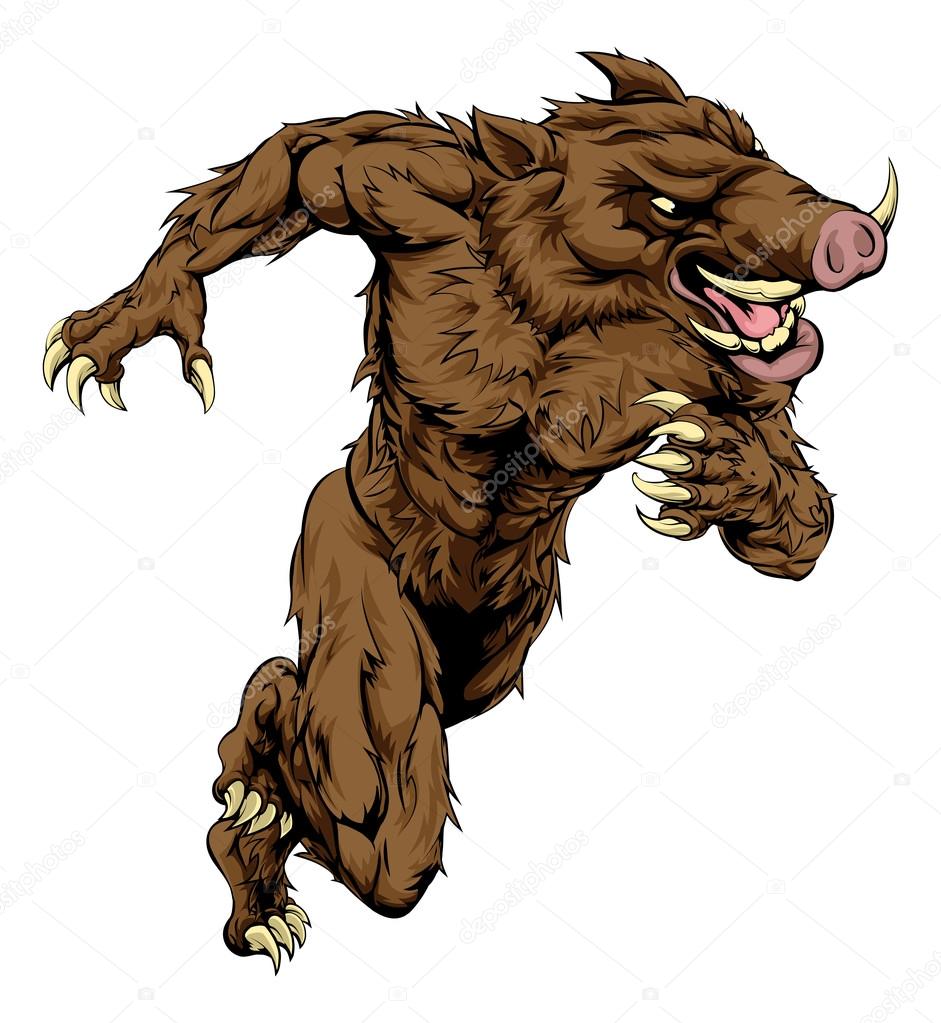 A boar man character or sports mascot charging, sprinting or running
