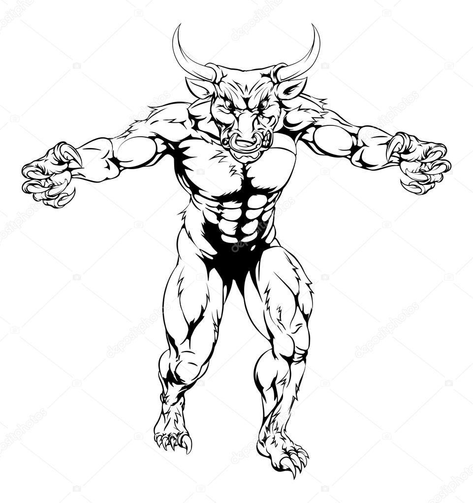 An illustration of a Minotaur bull scary sports mascot with claws out