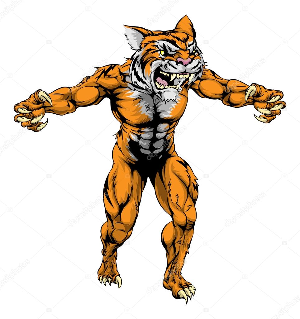 An illustration of a Tiger scary sports mascot with claws out