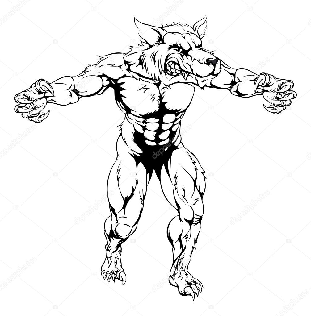 An illustration of a Werewolf wolf scary sports mascot with claws out