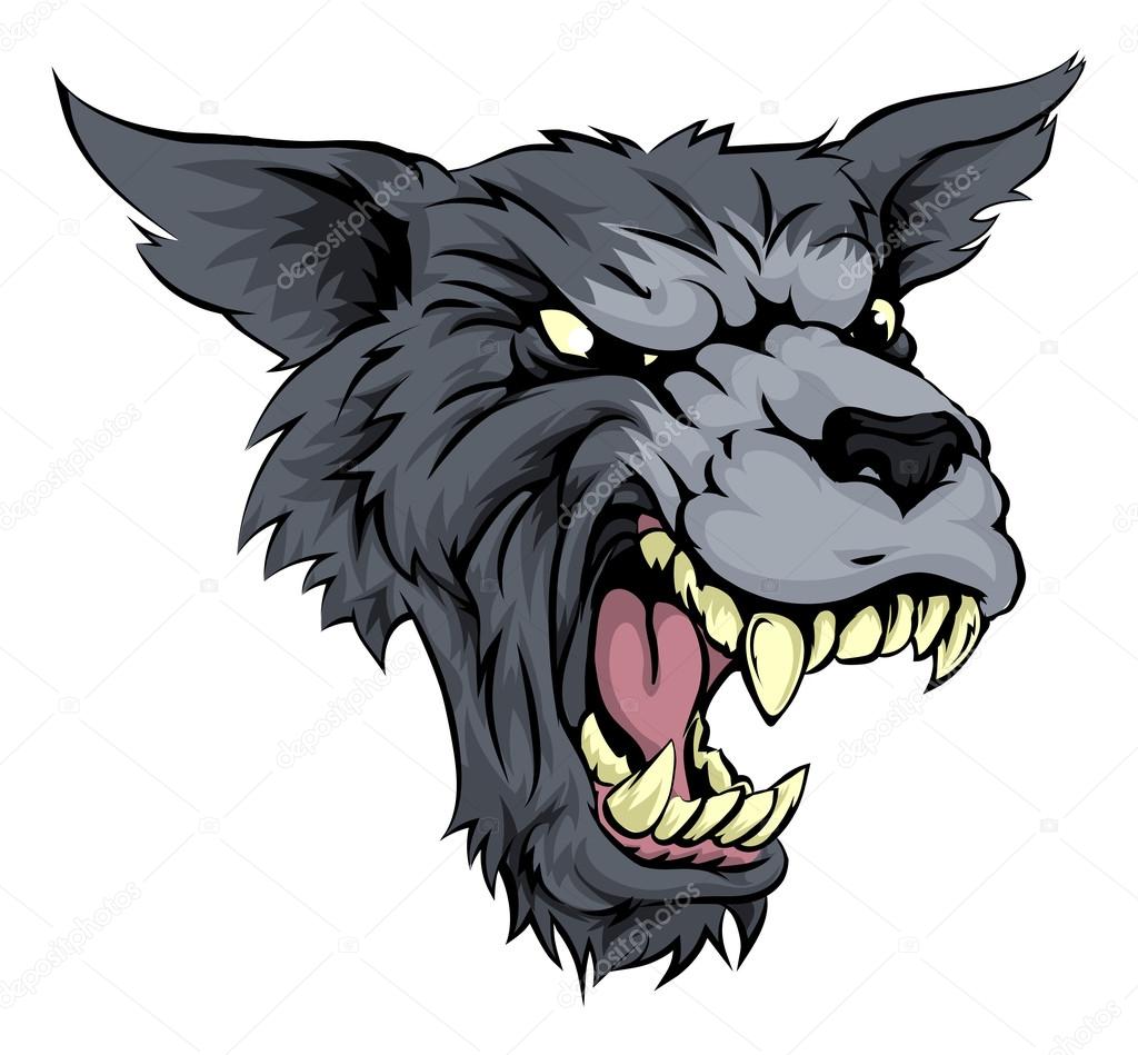 Illustration of a mean looking werewolf or wolf character roaring and snarling in black and white