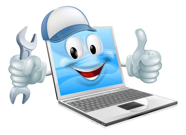 Cartoon computer portatile riparazione mascotte — Vettoriale Stock