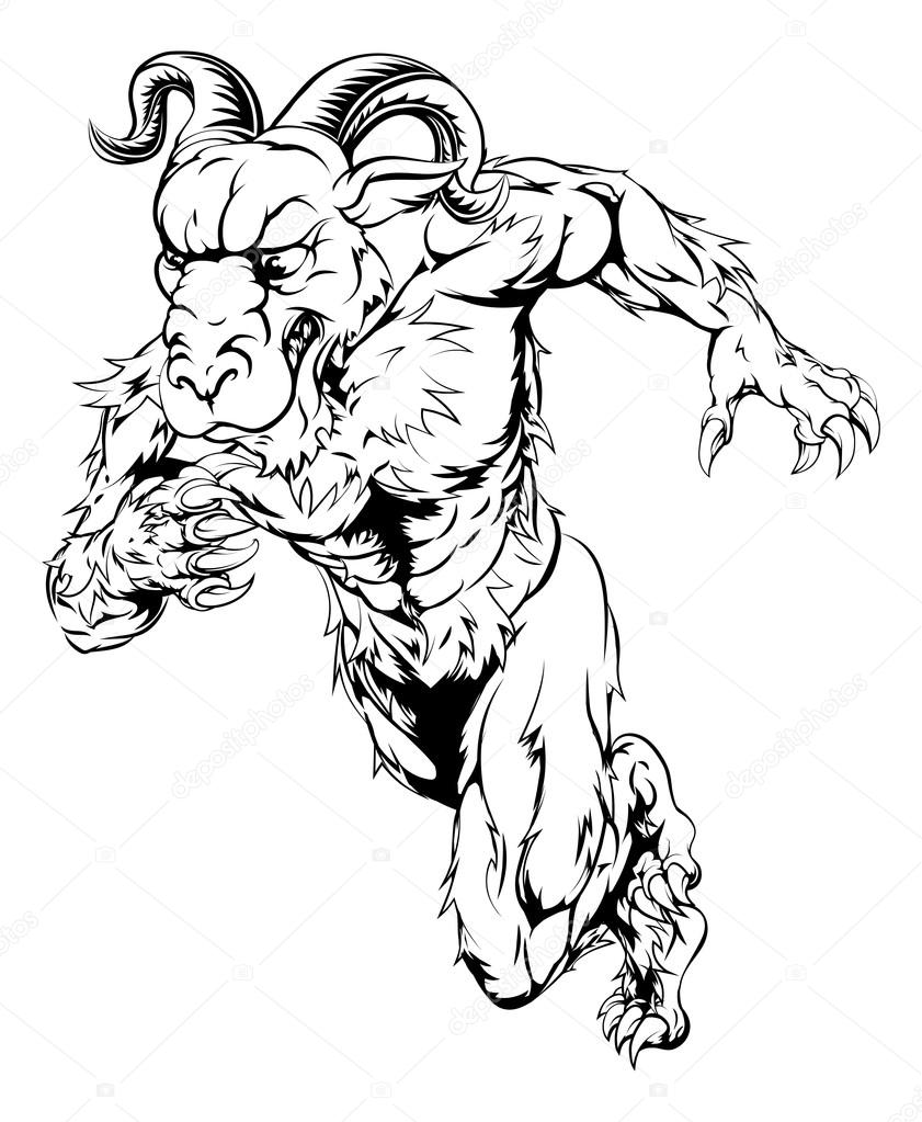 Black and white illustration of a sprinting running ram character, great as a sports or athletics mascot