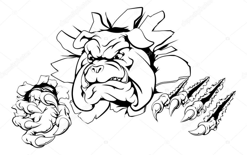 A bulldog sports mascot or character breaking out of the background or wall