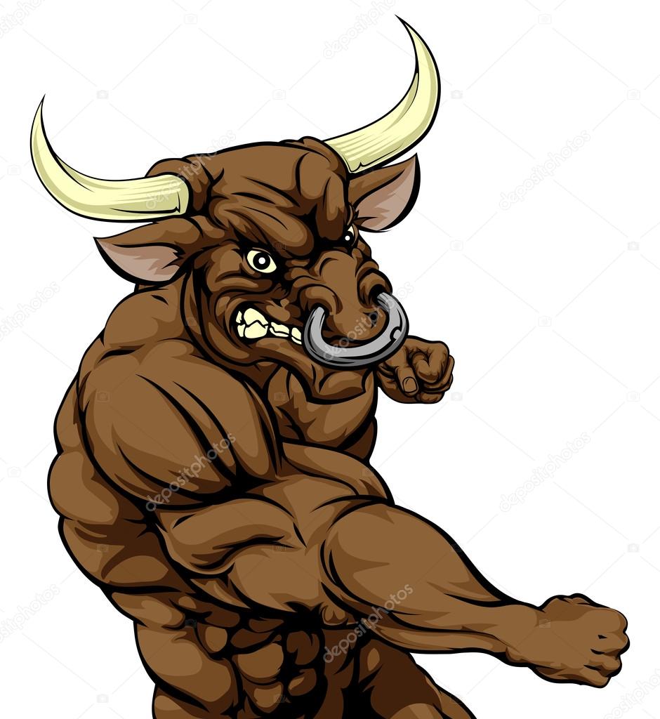 A tough muscular bull character sports mascot attacking with a punch