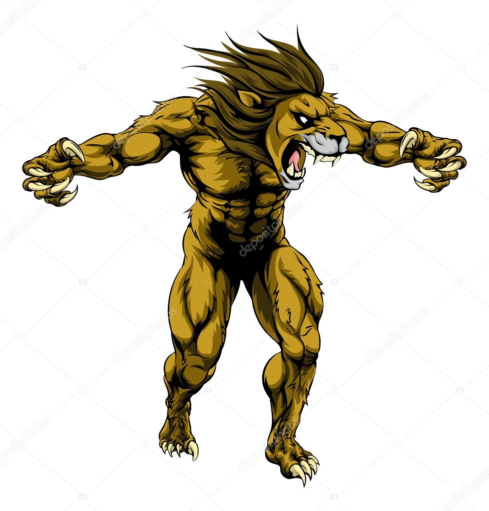 An illustration of a Lion scary sports mascot with claws out
