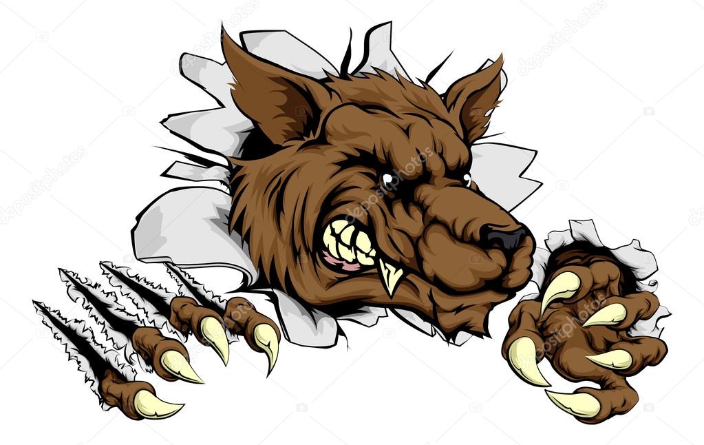 A tough wolf animal sports mascot breaking through a wall