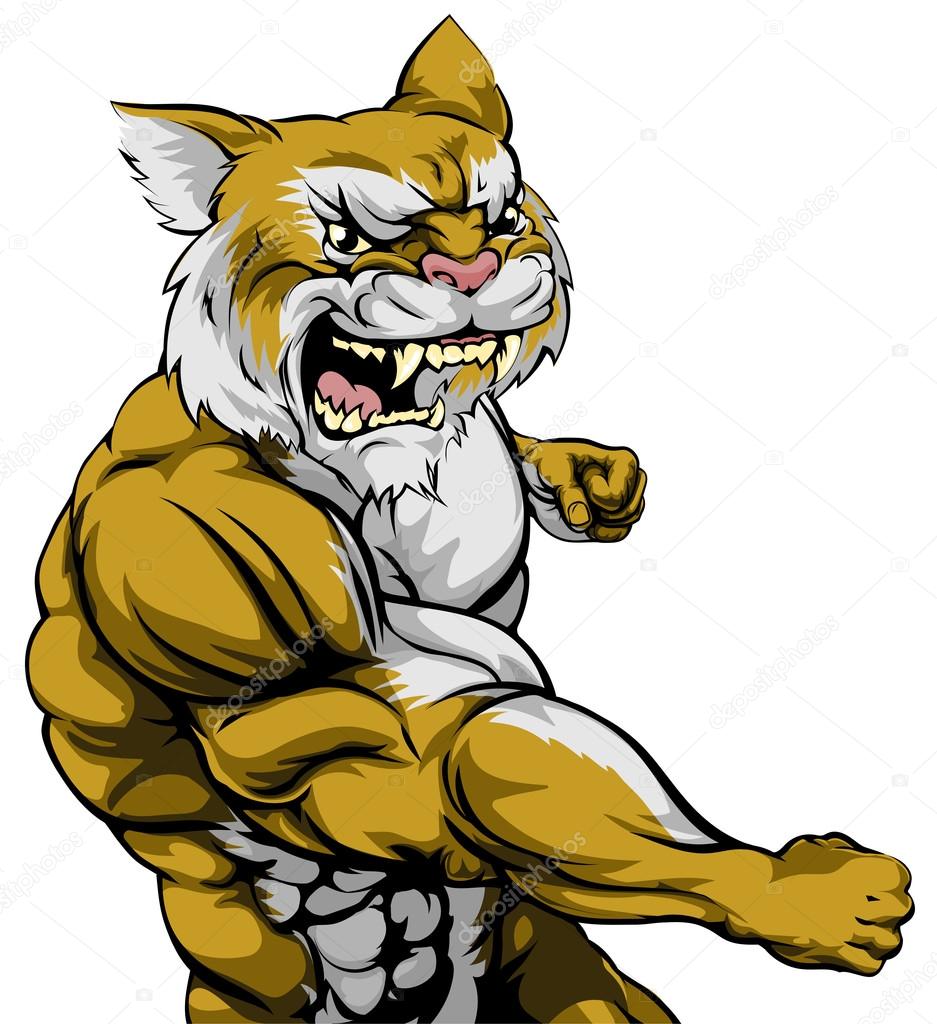 An illustration of a tough wildcat animal character or sports mascot punching