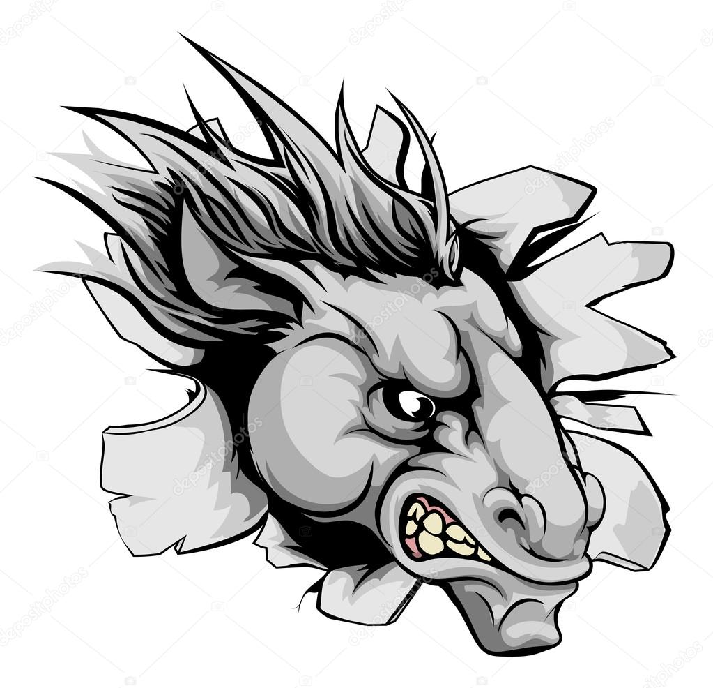 A mean looking horse animal mascot breaking through a wall