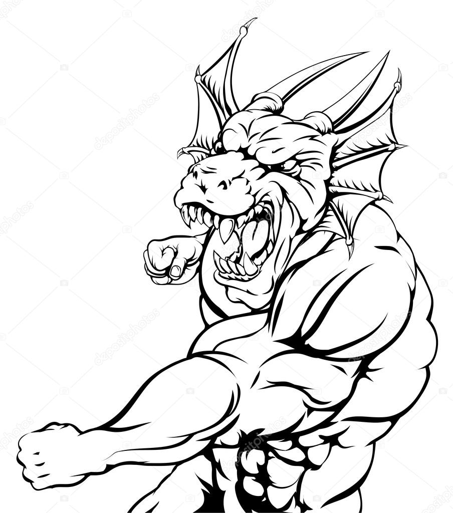A tough muscular dragon character sports mascot attacking with a punch
