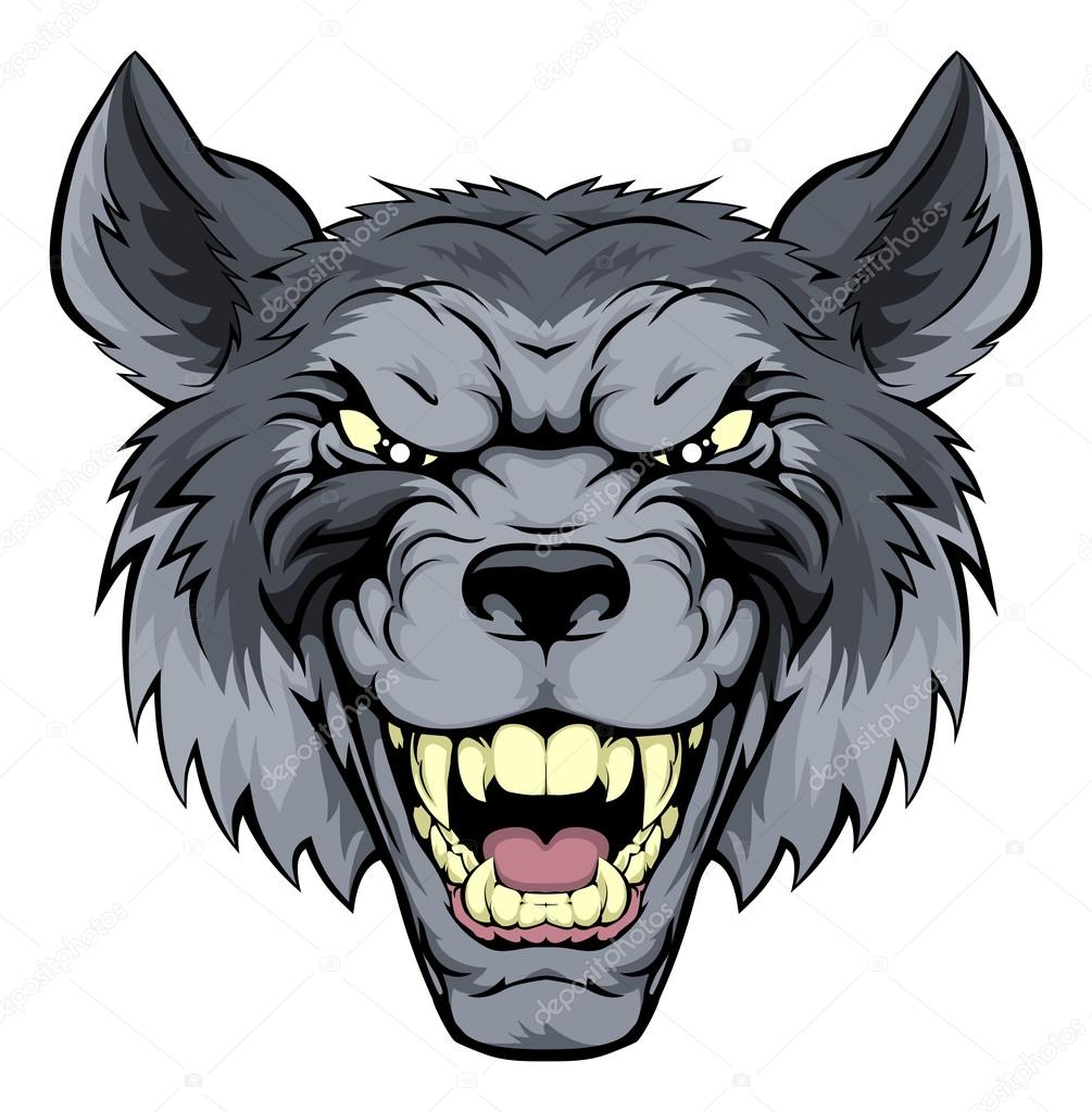 A mean looking wolf mascot character growling