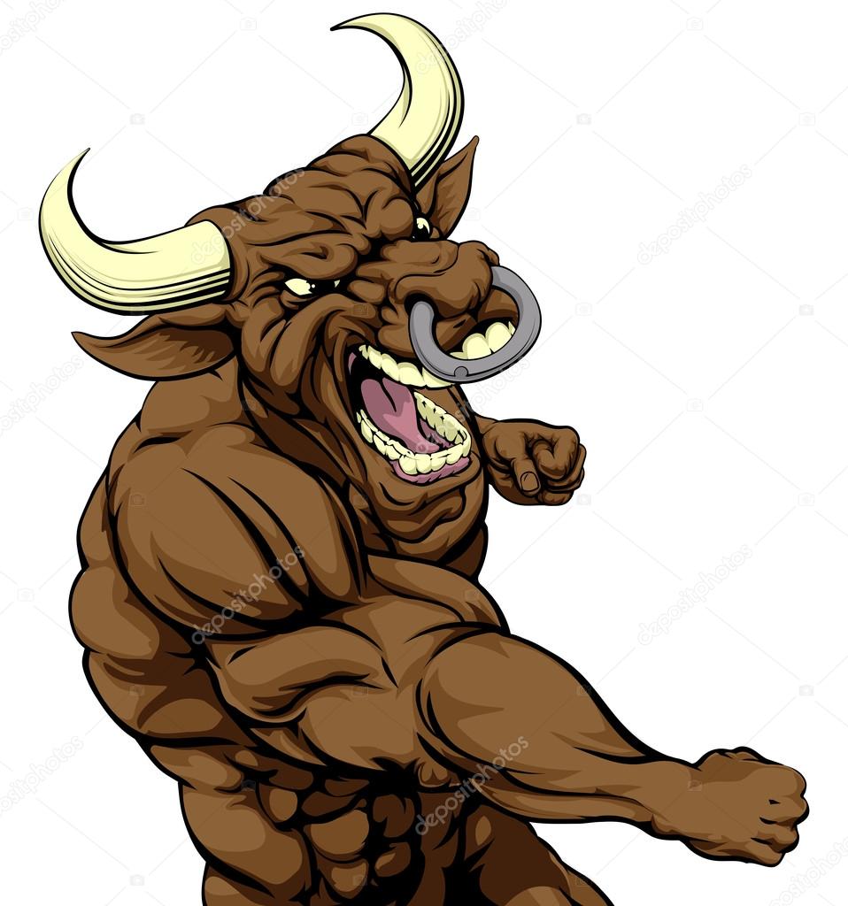 A mean looking bull character mascot fighting and punching with fist