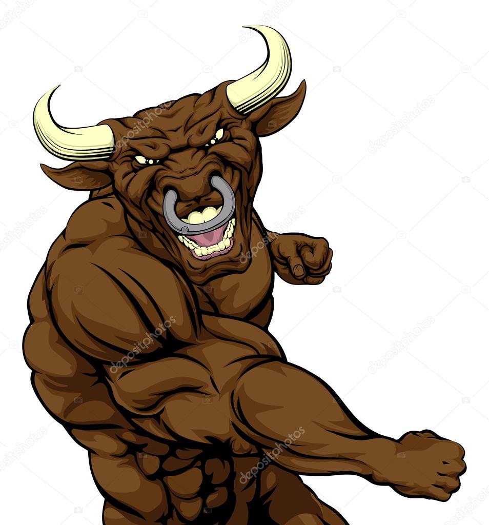 A tough muscular bull mascot character in a fight punching