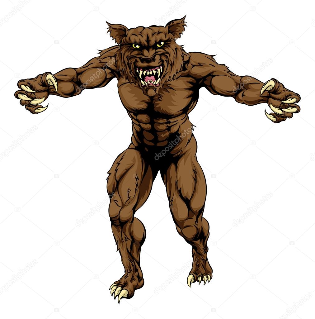 An illustration of a werewolf wolf man, or wolf sports mascot character standing with claws out
