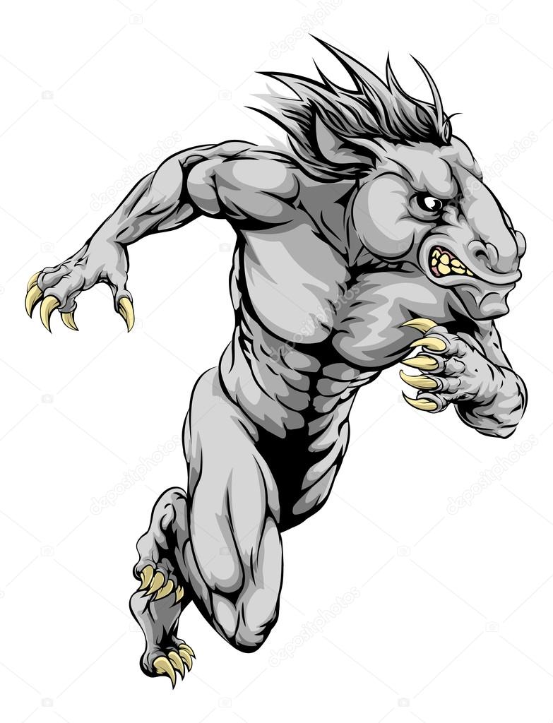 A horse man character or sports mascot charging, sprinting or running