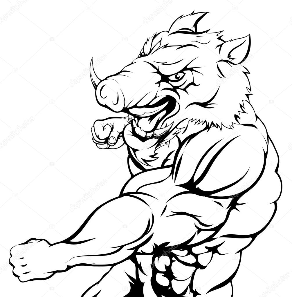 A tough muscular boar character sports mascot attacking with a punch