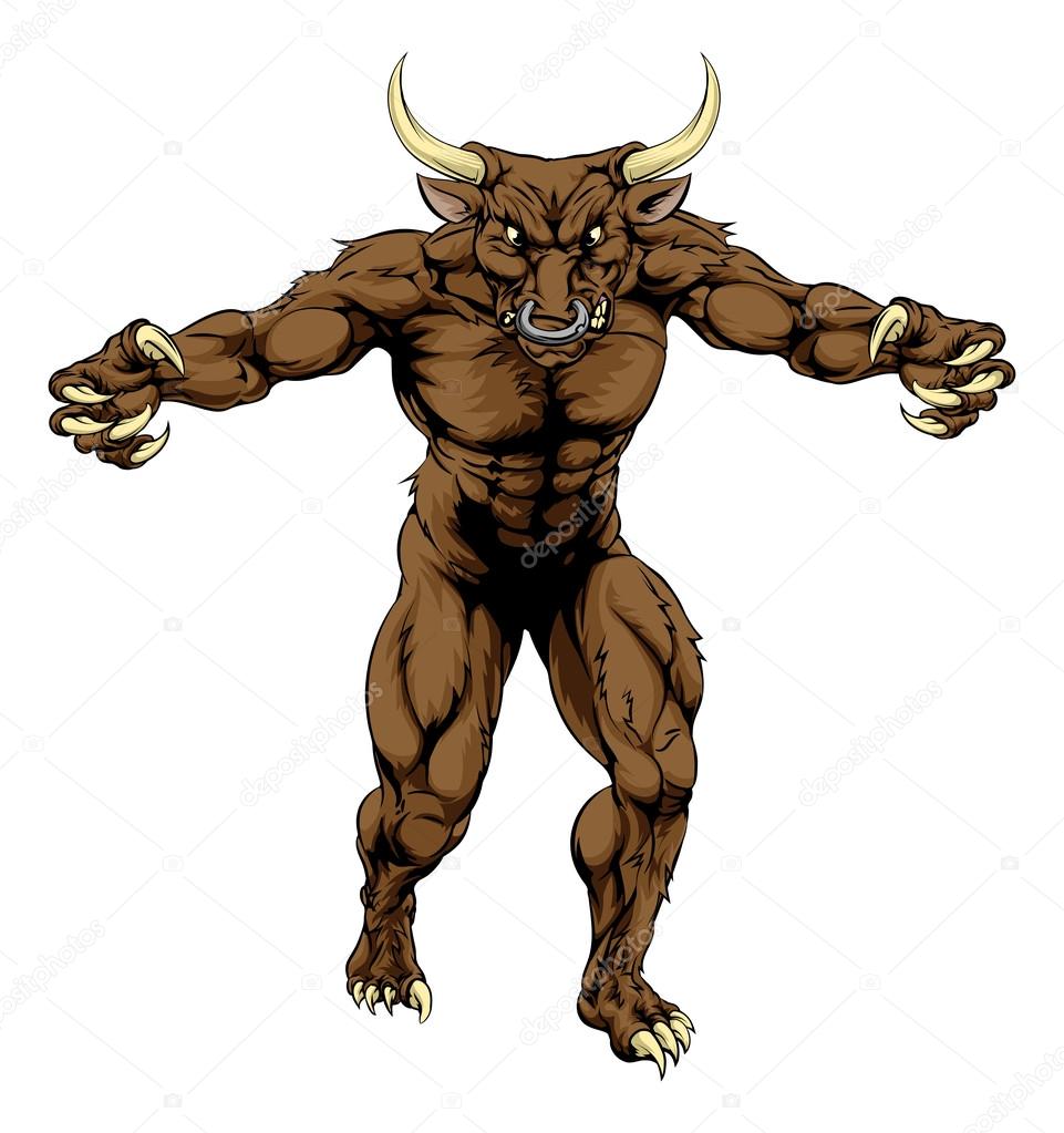 An illustration of a Minotaur bull scary sports mascot with claws out