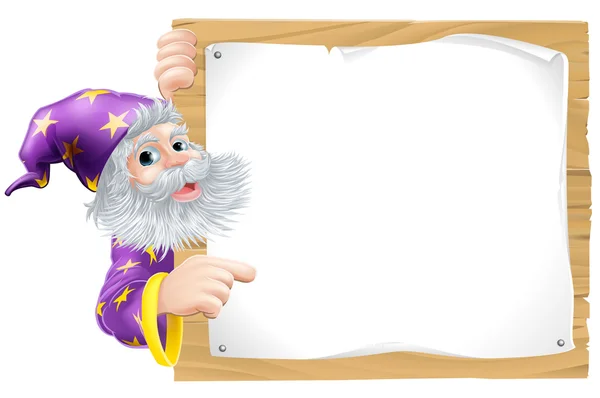 Wizard and wooden sign — Stock Vector