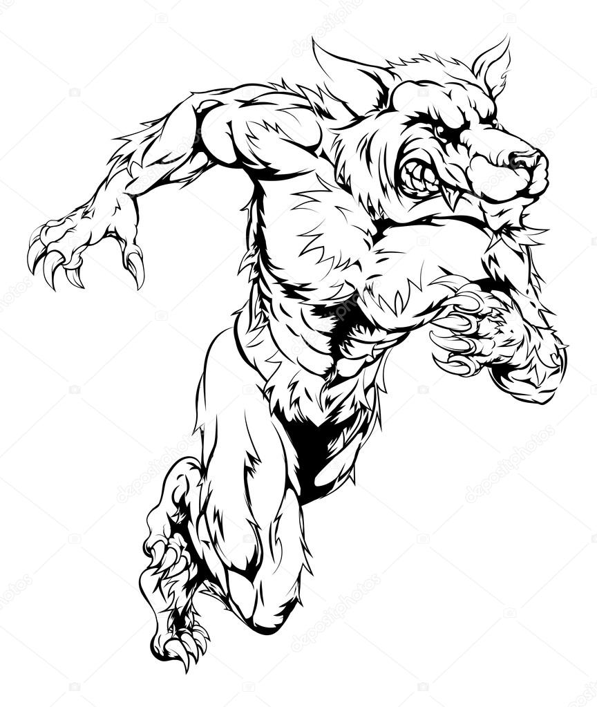 A werewolf wolf man character or sports mascot charging, sprinting or running