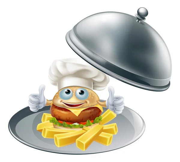 Mascotte de hamburger et chips sur plateau — Image vectorielle