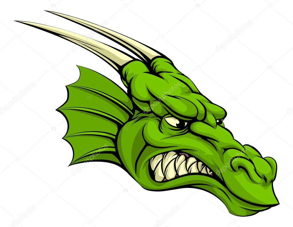 An illustration of a mean looking green dragon mascot character