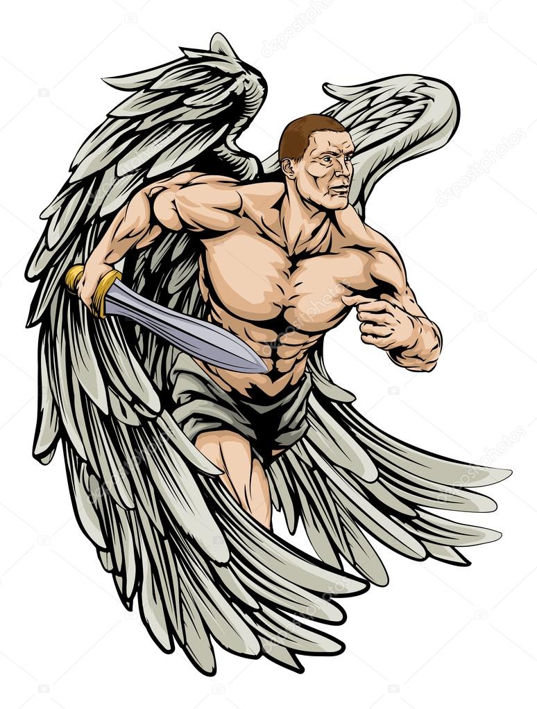 An illustration of a warrior angel character or sports mascot with large wings holding a sword