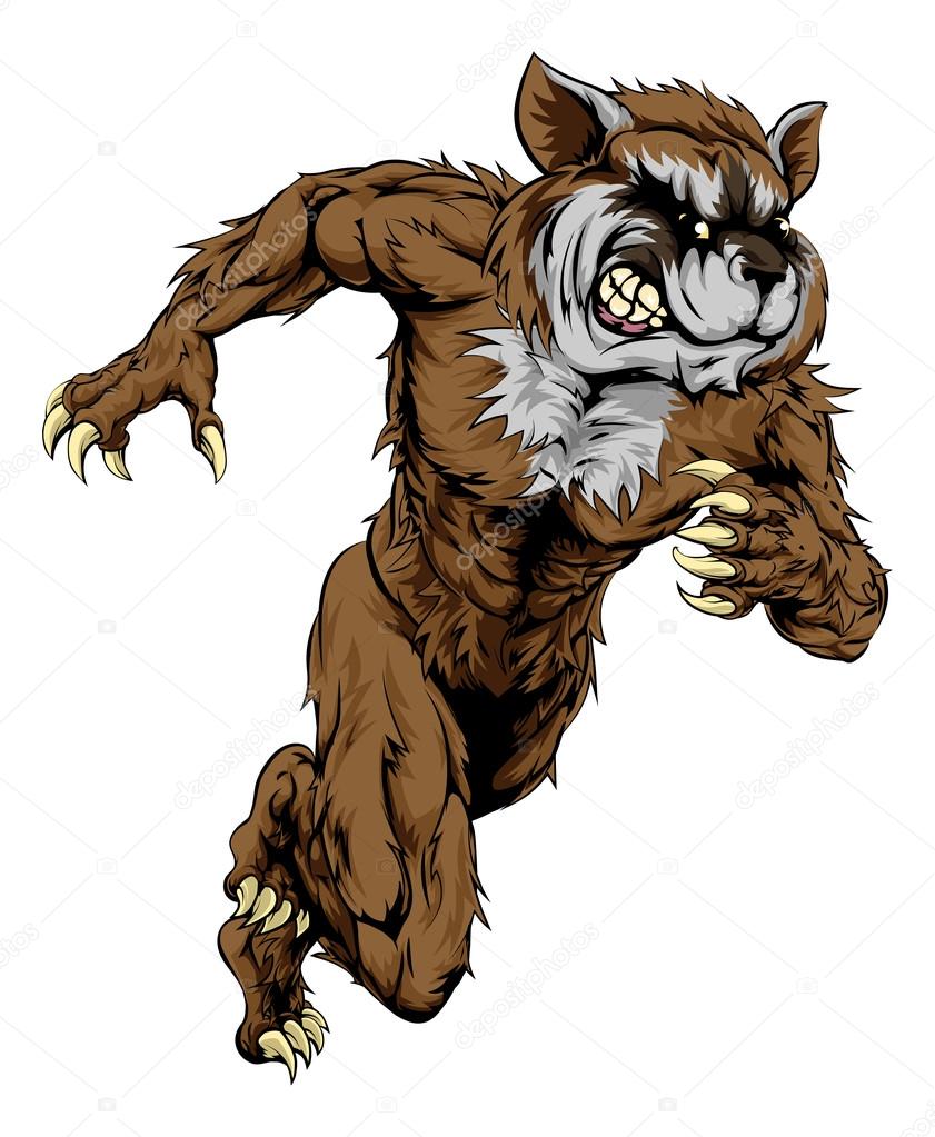 A raccoon man character or sports mascot charging, sprinting or running