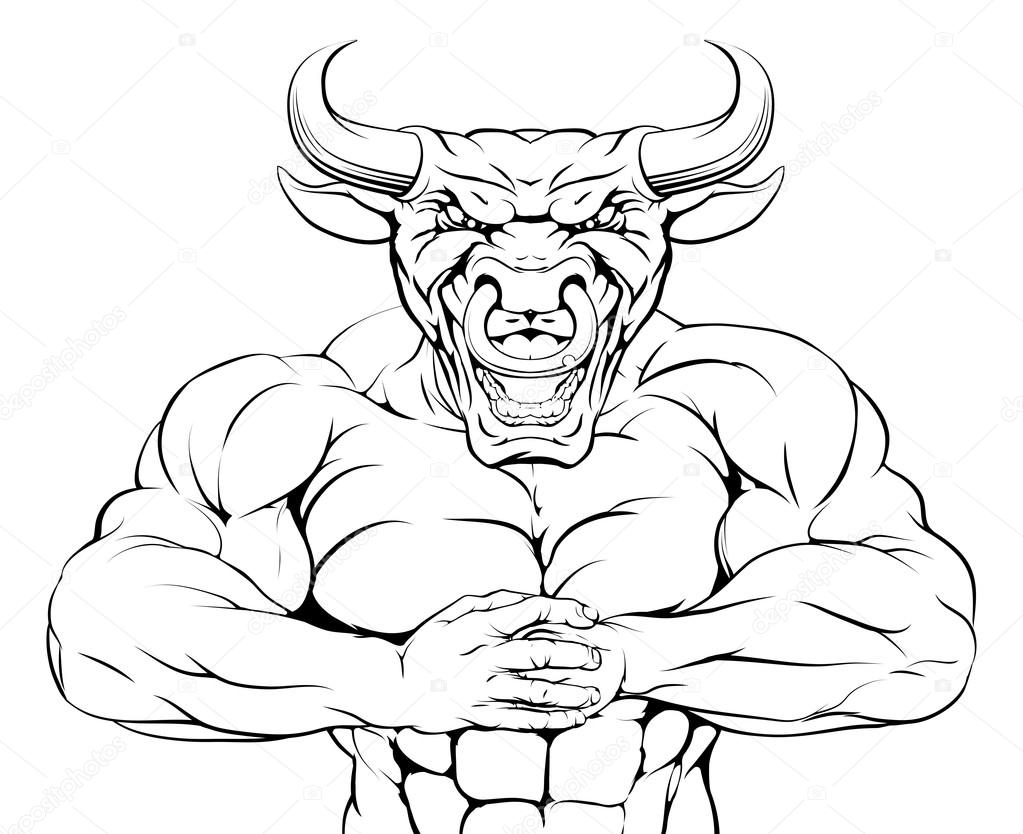A tough muscular bull mascot character getting ready for a fight
