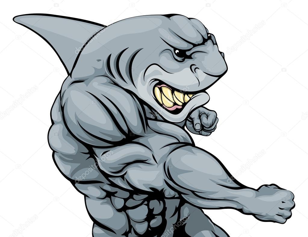A tough muscular shark character sports mascot attacking with a punch