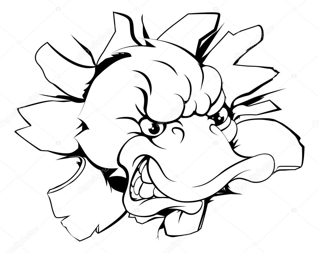Duck sports mascot breakthrough concept of a duck sports mascot or character breaking out of the background or wall