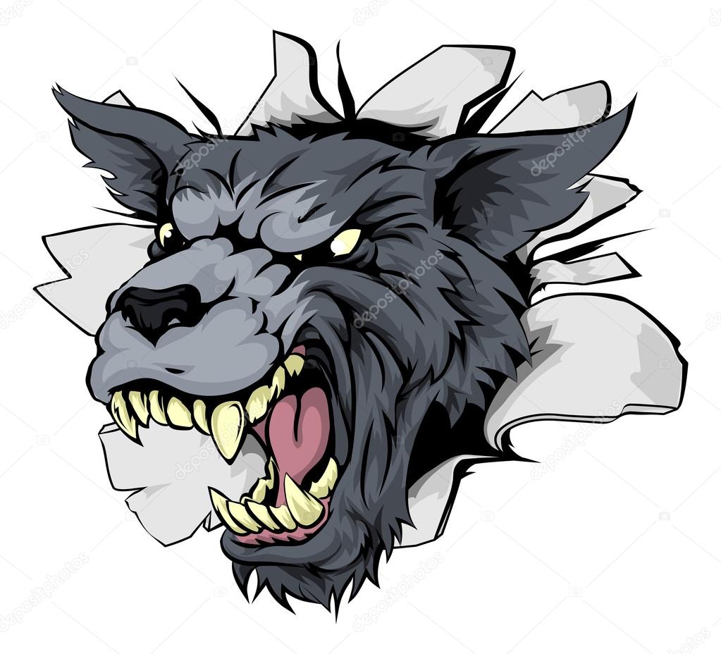 A wolf sports mascot or character breaking out of the background or wall