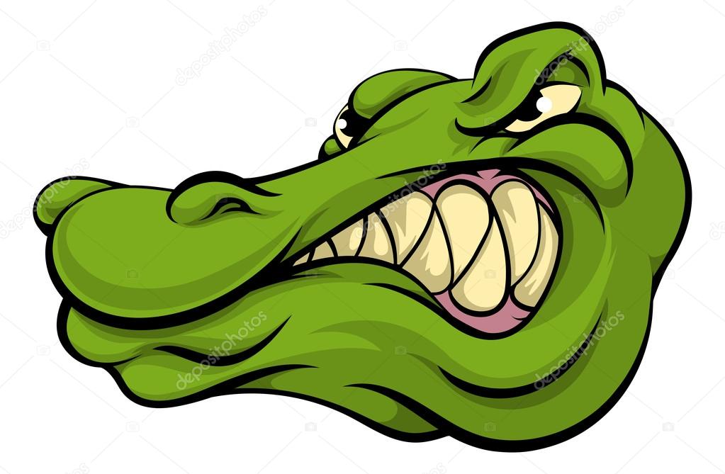 A crocodile or alligator cartoon character sports mascot head