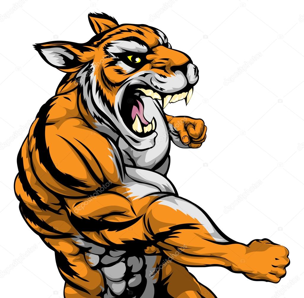 A mean looking tiger sports mascot fighting and punching with fist