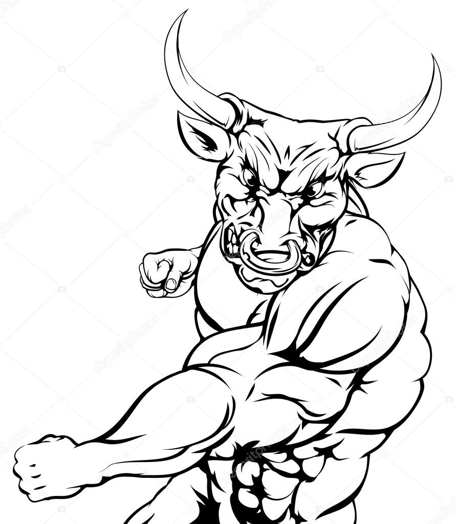 A fighting bull character sports mascot attacking with a punch