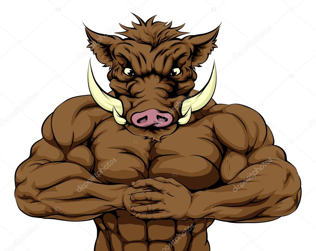 A tough muscular boar mascot character getting ready for a fight