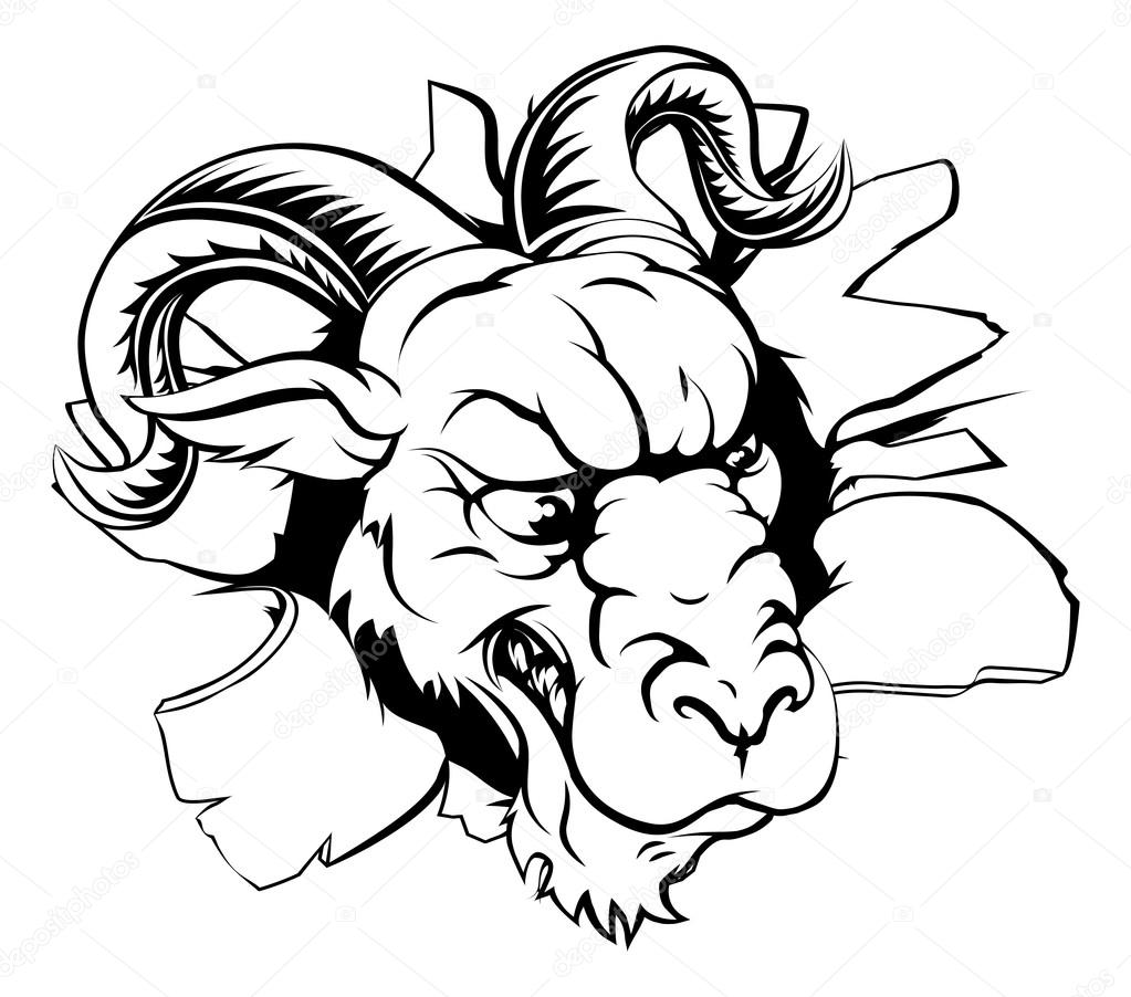 A mean looking ram animal mascot breaking through a wall