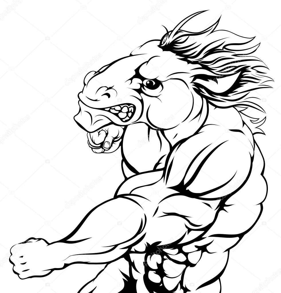 A tough muscular horse character sports mascot attacking with a punch