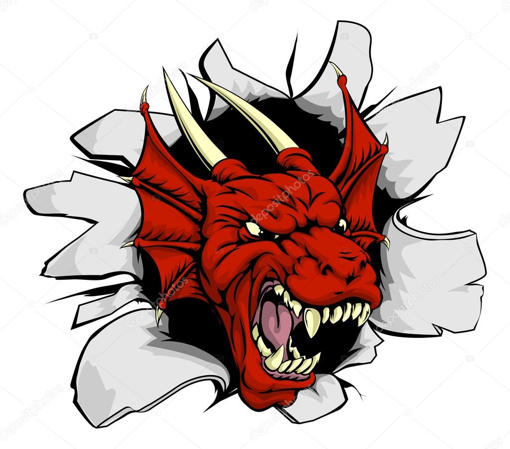 Red dragon smashing out, drawing of an attacking dragon monster