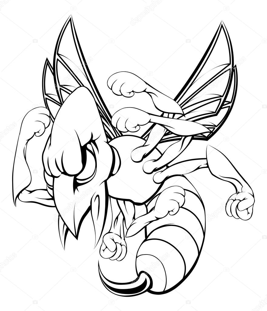 A black and white illustration of a mean looking hornet wasp or bee mascot character