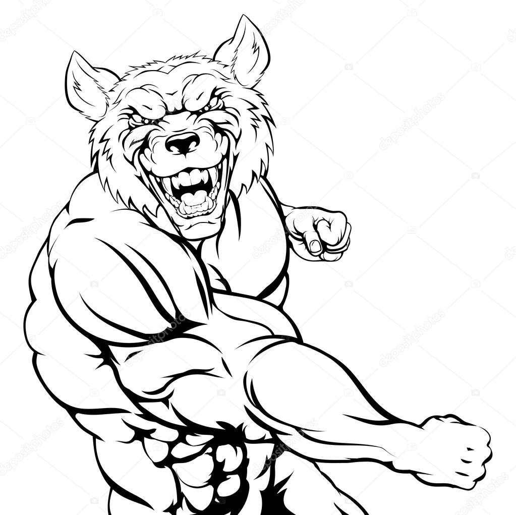Wolf mascot or werewolf wolfman character or sports mascot fighting punching with a fist