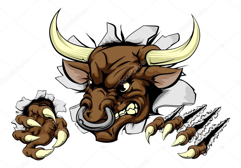 A Bull animal sports mascot breaking through a wall