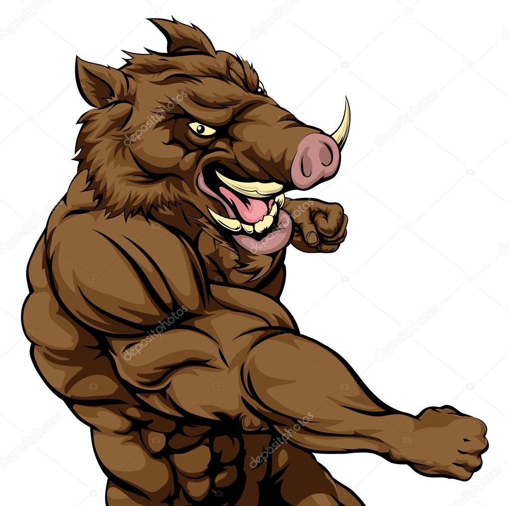 A mean looking boar sports mascot fighting and punching with fist
