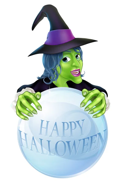 Bruja de Halloween y bola de cristal — Vector de stock