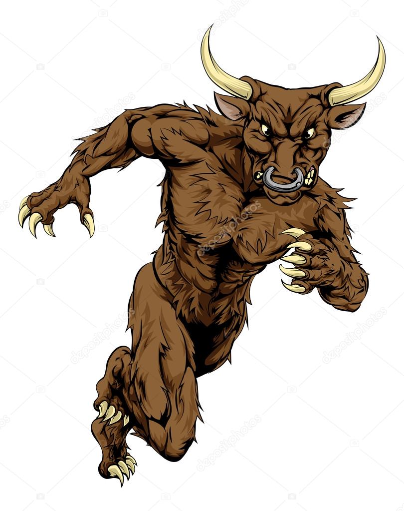 A bull man minotaur character or sports mascot charging, sprinting or running