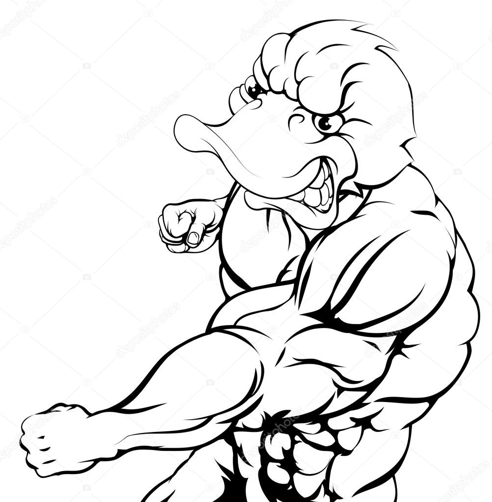 A tough muscular duck character sports mascot attacking with a punch